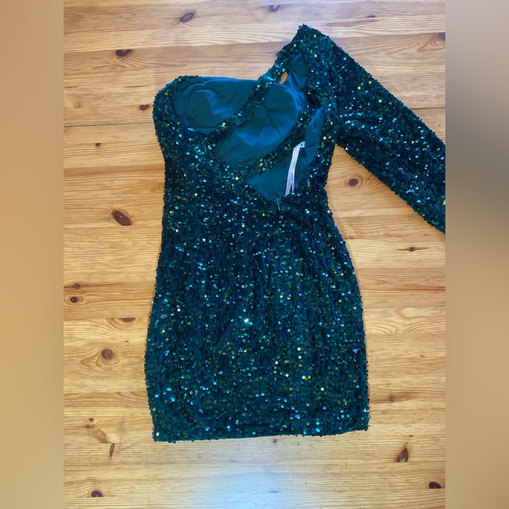 Asymmetrical One-Shoulder Emerald Green Sequin Bodycon Dress Back Cutout Size M - Picture 5 of 6
